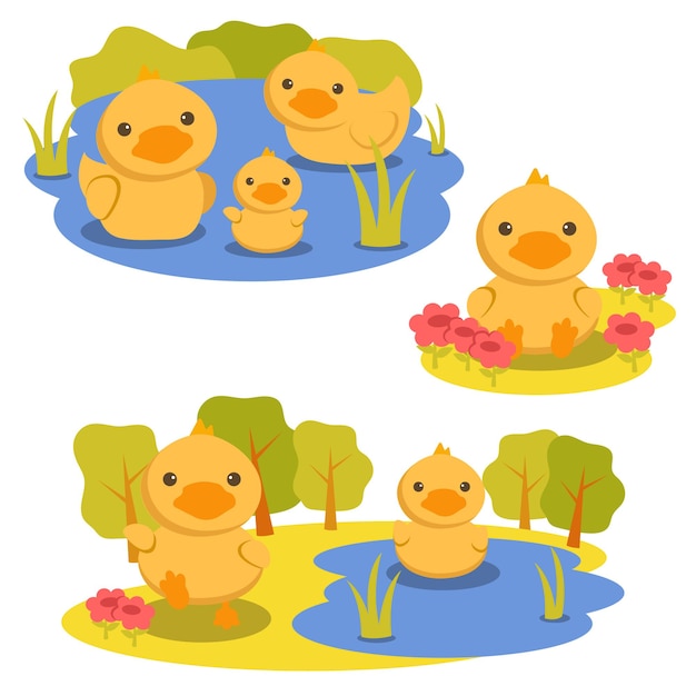 Set of animal character with a duck playing in the water and in the flower garden