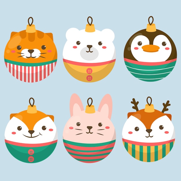 Free vector set of animal character with tiger, white bear, penguin, rabbit and deer in ball