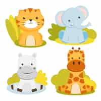 Free vector set of animal character with tigers, elephants, giraffes and hippos