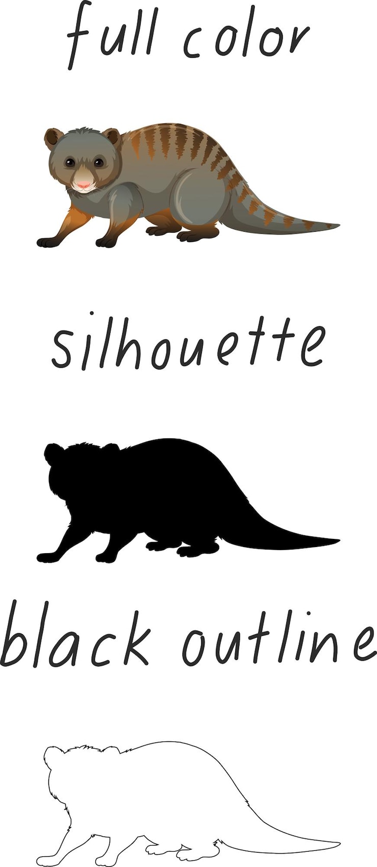 Free Vector set of animal in color, silhouette and black outline on white background