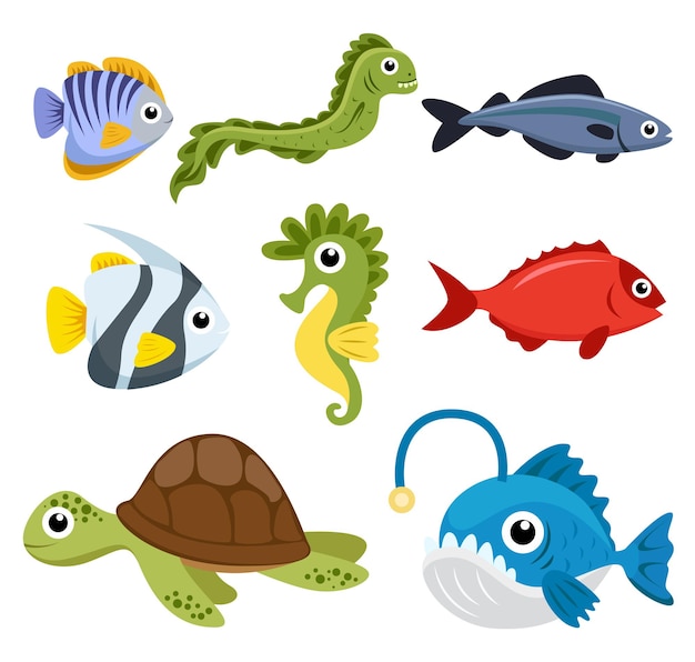 Set di gruppo di animali di creature marine, pesci pagliaccio, pesci angelo, cavallucci marini, tartarughe su bianco