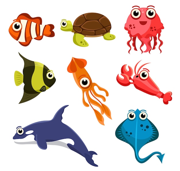 Vettore gratuito set di gruppo animale di creature marine, pesci, pesci pagliaccio, tartarughe, meduse, calamari, gamberetti, razze, squali su bianco