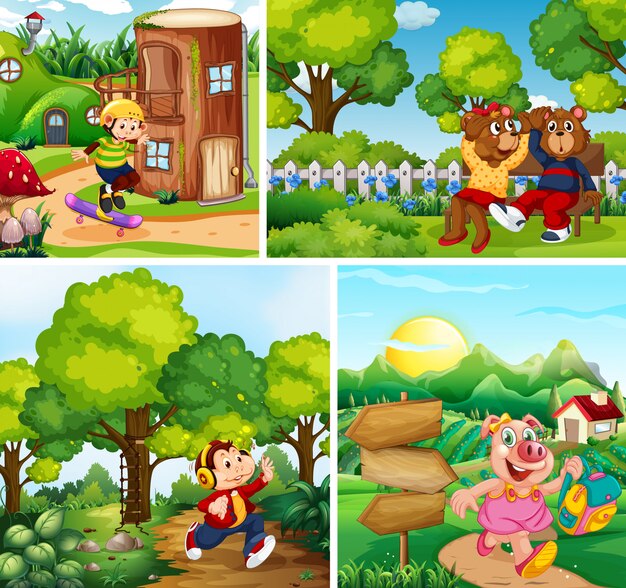 Set of animal kids on the park backgroud