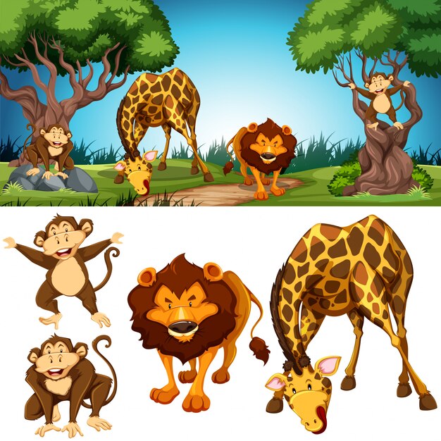 Set of animals in nature scene