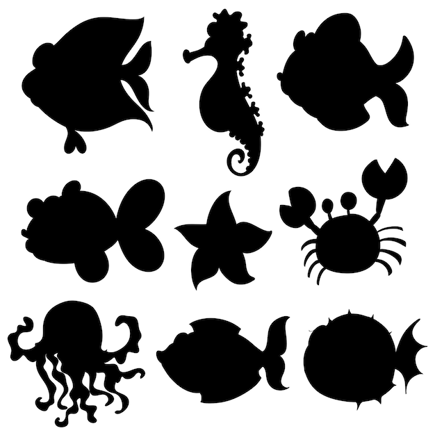 Set of aquatic animals in black