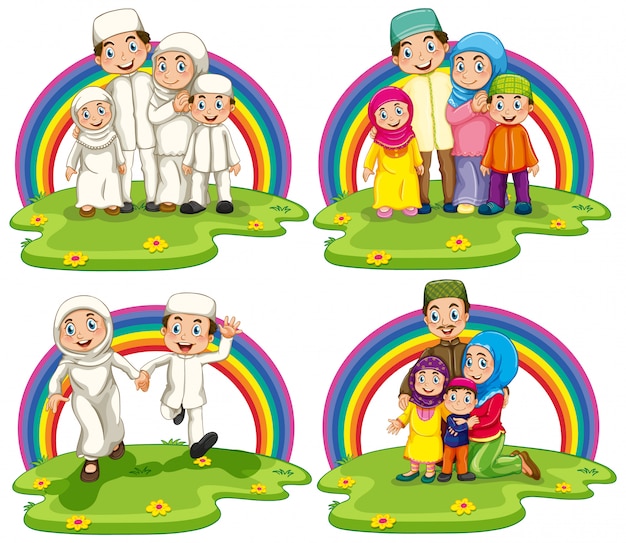 Free vector set of arab muslim families in traditional clothing isolated on rainbow background