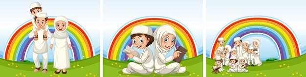 Set of arab muslim families in traditional clothing and rainbow background