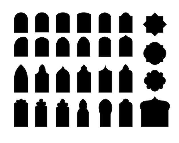 Set arabic arch window and doors traditional design and culture vector shape ramadan kareem