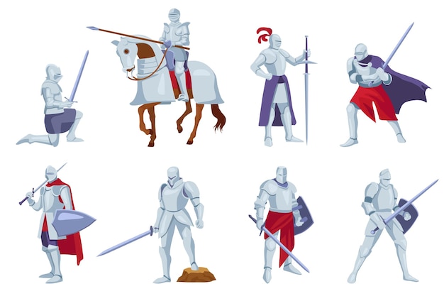 Free vector set of armored knights with weapons in different angles, poses