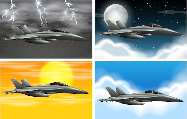 Free vector set of army plane on different weather