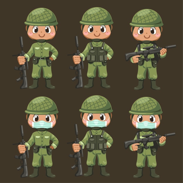 Set of army soldiers man in uniform holding rifle with difference action and stand at salute in cartoon character, isolated flat illustration