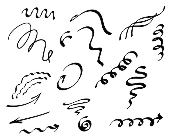 Set arrows and curves lines spiral doodle hand drawing vector elements