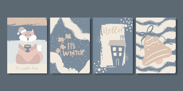 예술적 창조적인 겨울과 크리스마스 카드 세트입니다.
