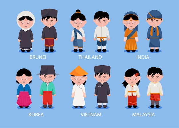 Vettore gratuito set di persone regionali asiatiche con abbigliamento in personaggi dei cartoni animati, illustrazione piatta isolata