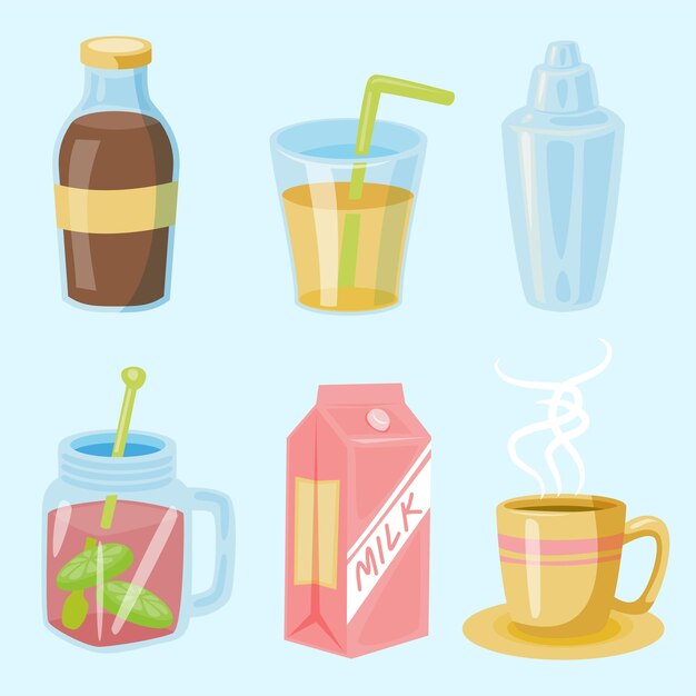 Set of assorted beverage or soft drink milk coffee juice in drawing style vector illustration