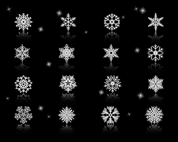 Free vector set of assorted white snowflakes icons on black background with sparks.