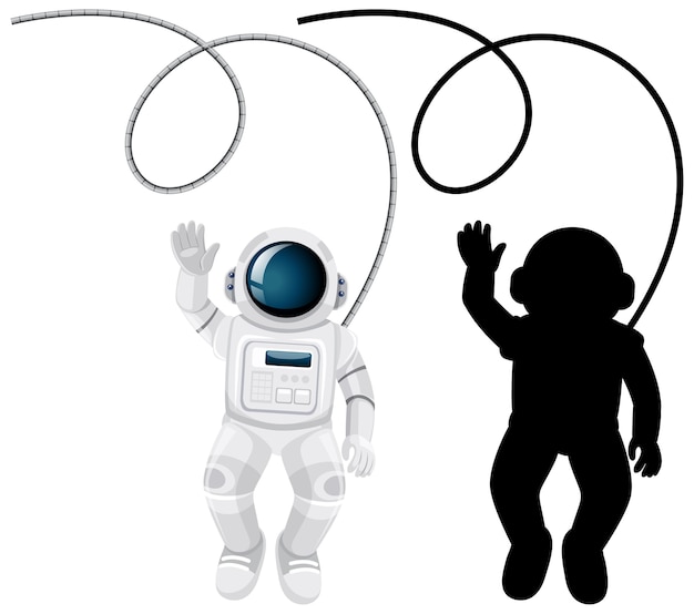 Set di personaggi di astronauta e la sua silhouette su sfondo bianco