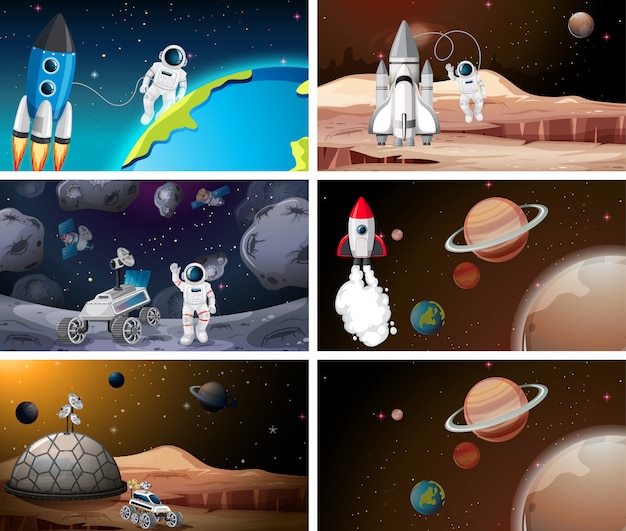 Vettore gratuito set di astronauta e scena del sistema solare o di sfondo
