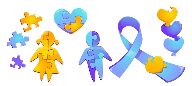 Free vector set autism world day awareness colorful puzzle pieces child girl and boy silhouette heart figure and blue ribbon isolated on white wall international solidarity cartoon symbols  icons