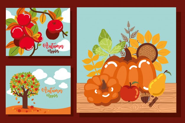Set of autumn cards with decoration