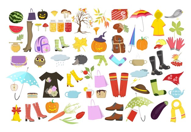 Набор осенних вещей, таких как дождевая одежда, тыква, Хэллоуин и многое другое