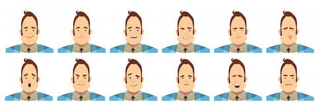 Set of avatars with male emotions including joy doubt