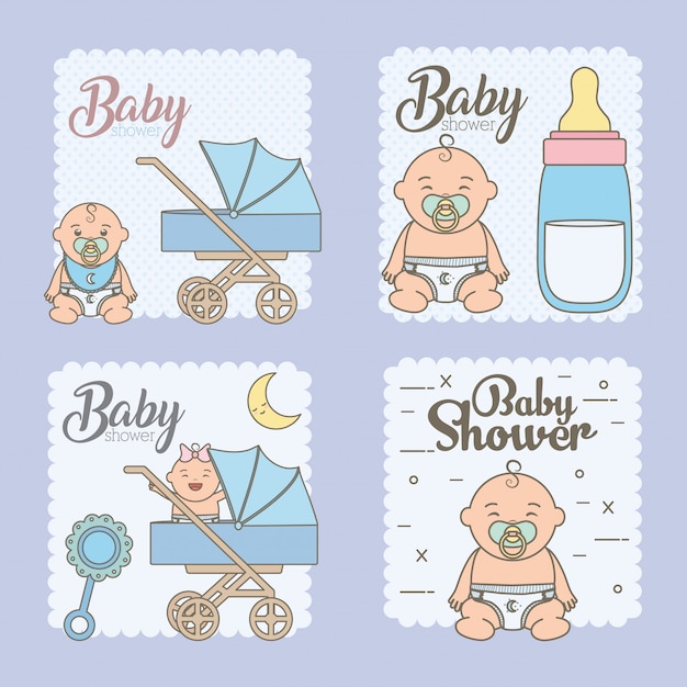 Set baby shower cards with cute little babies