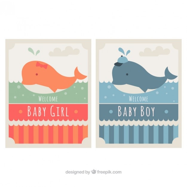 Vettore gratuito set di carte di bambino con le balene belle