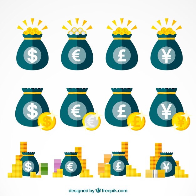 Set of bags with currency symbols