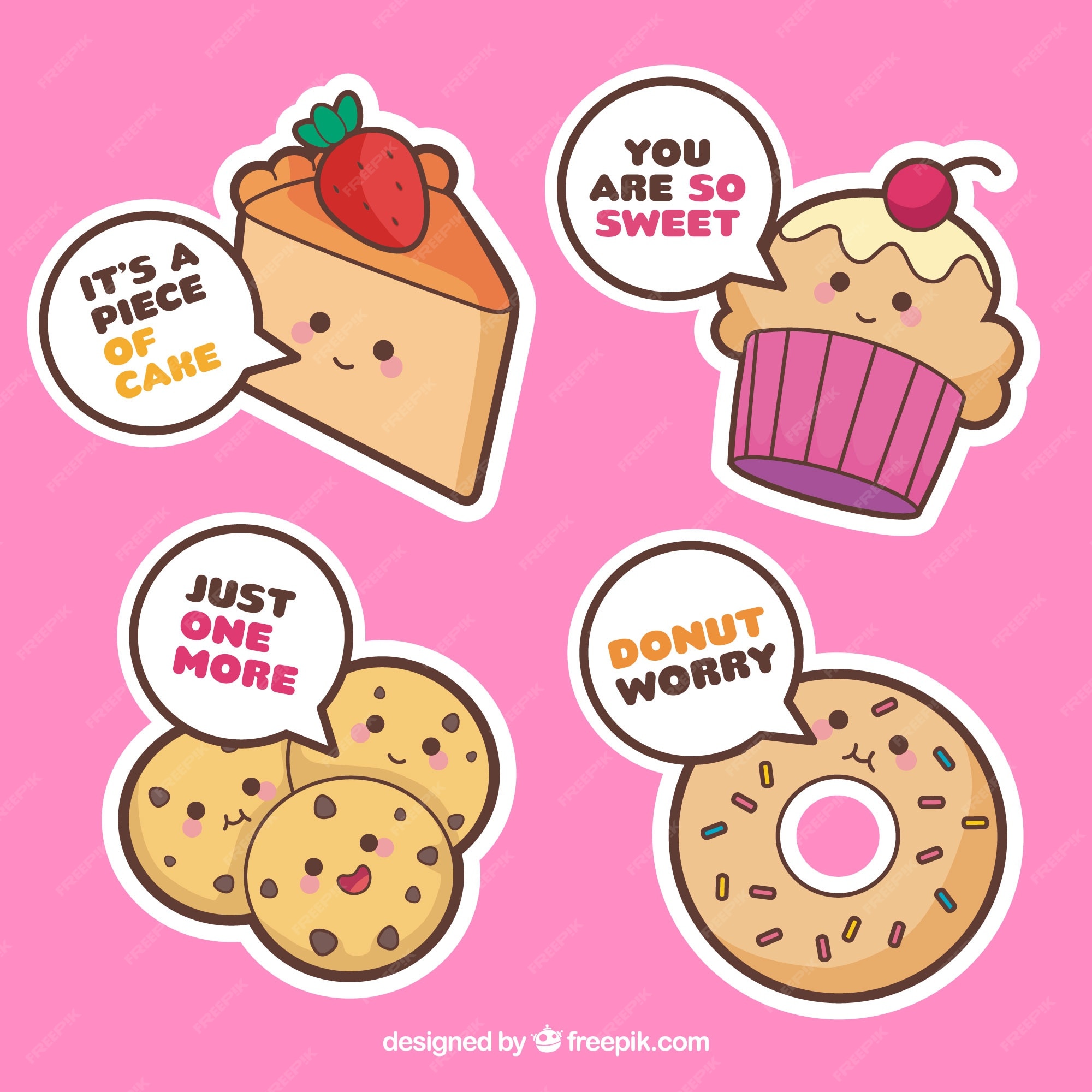 Set of Fun Stickers Desserts Kawaii Bakery Food Stock Vector