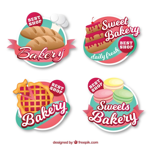 Free vector set of bakery stickers with sweets and bread