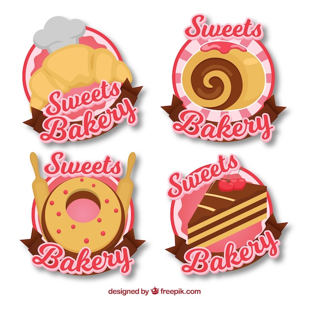 Free vector set of bakery stickers with sweets and bread