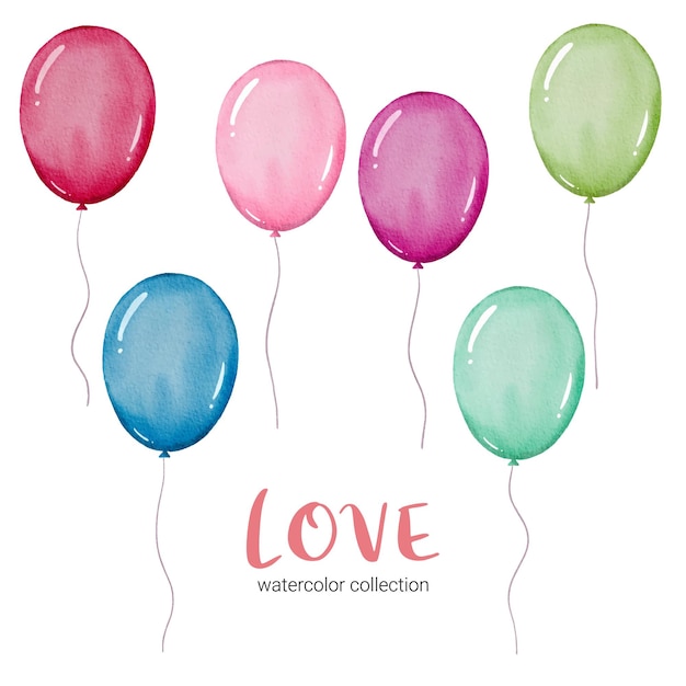 Set di palloncino, isolato acquerello san valentino concetto elemento adorabili romantici cuori rosso-rosa per la decorazione, illustrazione