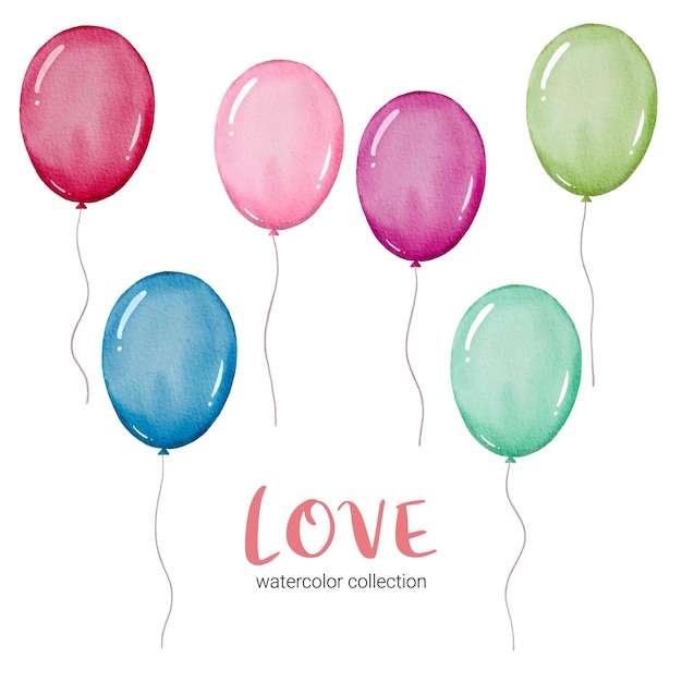 Набор воздушных шаров, изолированных акварель Валентина концепции элемент прекрасные романтические красно-розовые сердца для украшения, иллюстрации.