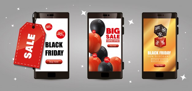 set banner of black friday with smartphone and decoration   