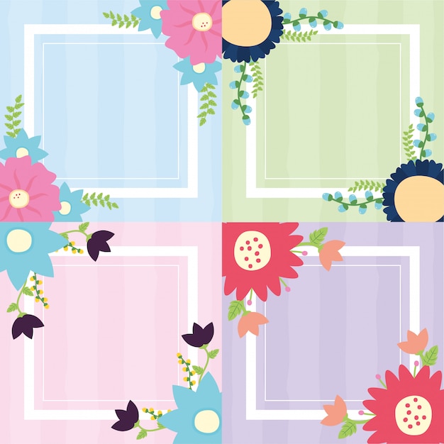 Free vector set banner flowers frame set o flowerss blue,green, pink , purple illustration