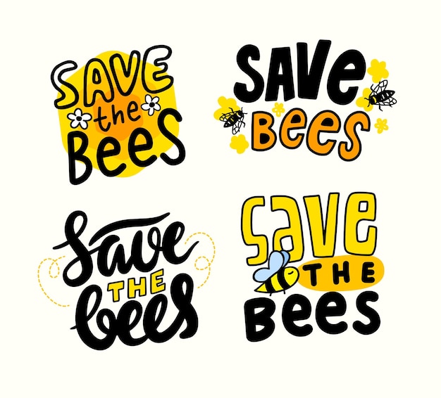 Set of banners save the bees, creative design elements, font for world bees day and insects protection. typography, graphics, lettering or calligraphy isolated on white background. vector illustration