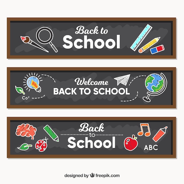 Free vector set of banners with blackboards and school elements