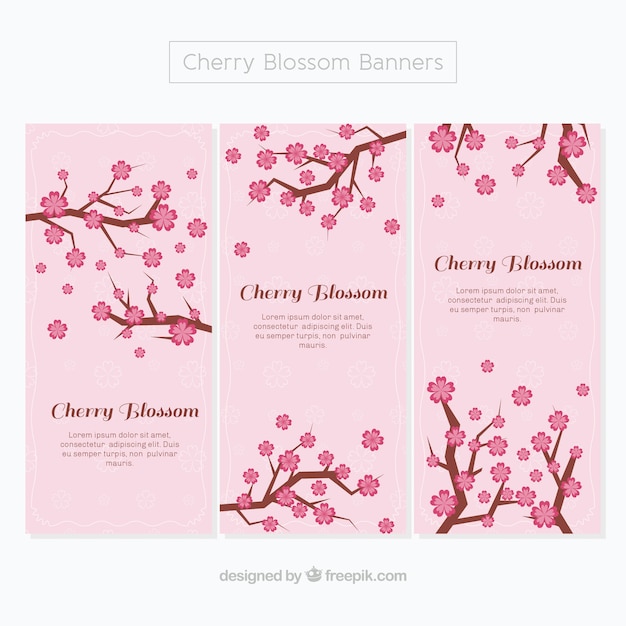 Free vector set of banners with branches and cherry blossoms