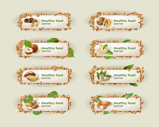 Free vector set banners with different kinds of nuts.