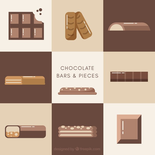 Set of bars and pieces of delicious chocolate
