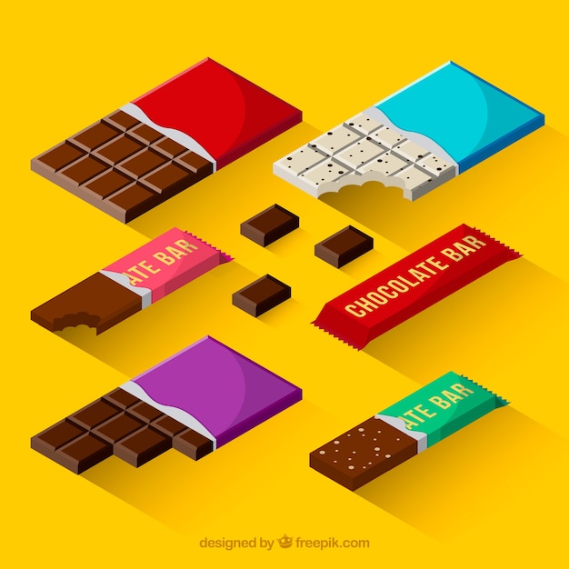 Set of bars and pieces with different chocolates