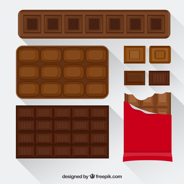 Set of bars and pieces with different chocolates