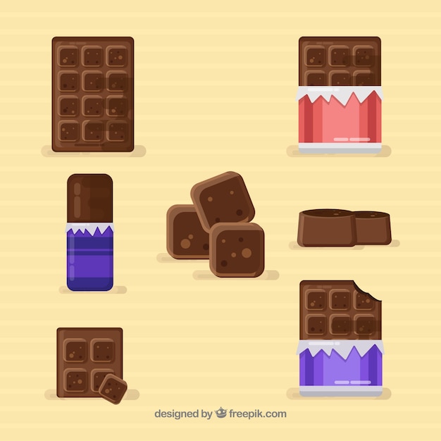 Set of bars and pieces with different chocolates