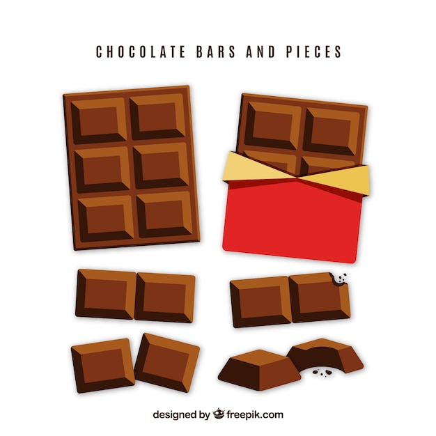 Set of bars and pieces with different chocolates