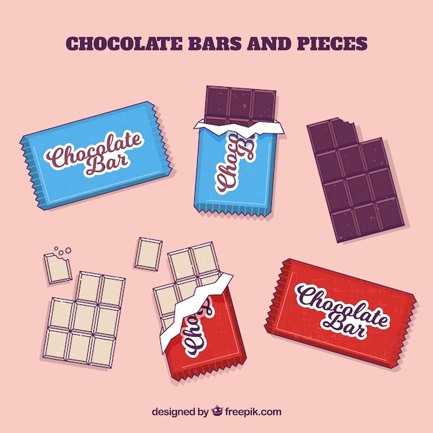 Set of bars and pieces with different chocolates