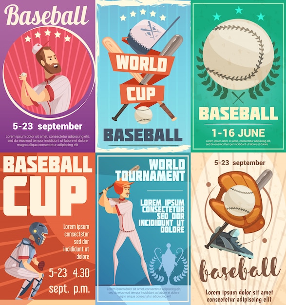 Set di poster di baseball in stile retrò con la pubblicità della data dei tornei e della coppa del mondo piatta