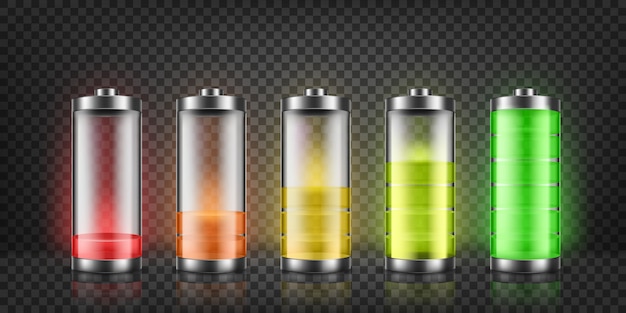 Set of battery charge indicators with low and high energy levels isolated on background.