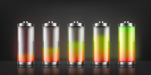 Set of battery charge indicators with low and high energy levels isolated on background.