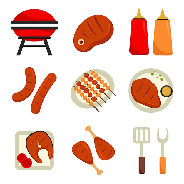 Set di attrezzature per barbecue per pasti alla griglia durante il picnic in stile cartone animato con elemento per illustrazione vettoriale di graphic designer